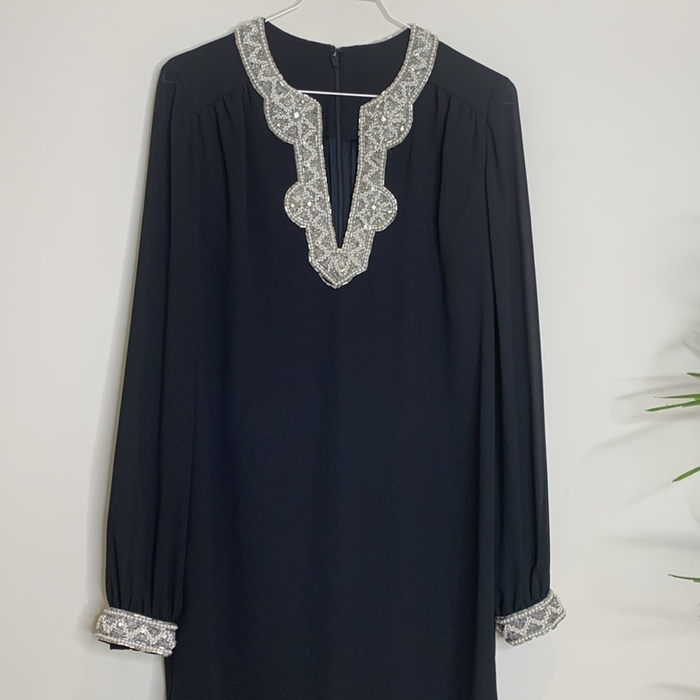 Vintage Pearl Beaded Rhinestone Jeweled Neckline Embellished Lined Shift Dress M - Picture 3 of 17